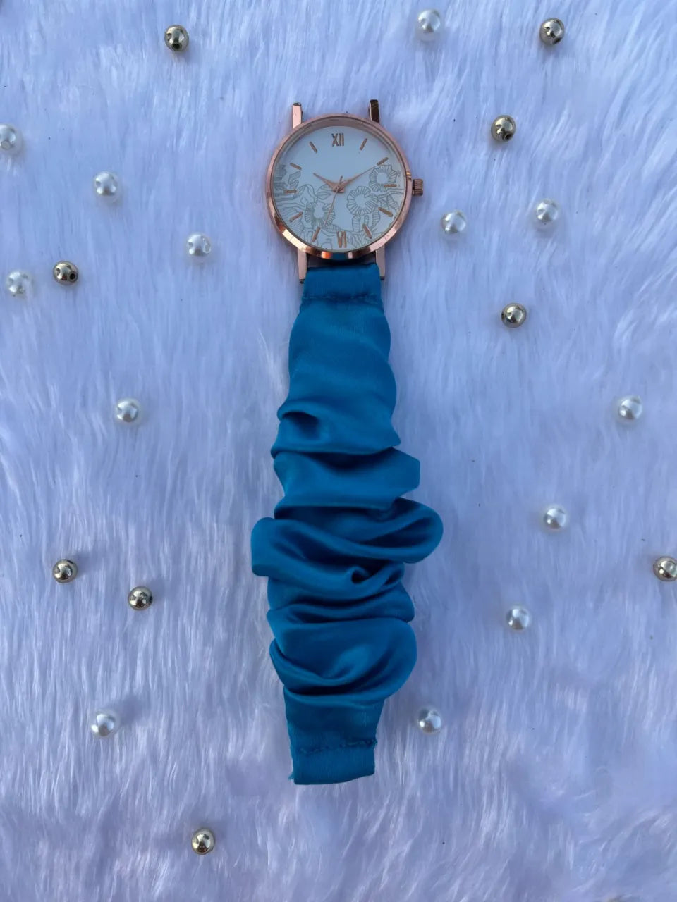 Unique Rose Gold White Scrunchies Watch (Butterfly Blue)