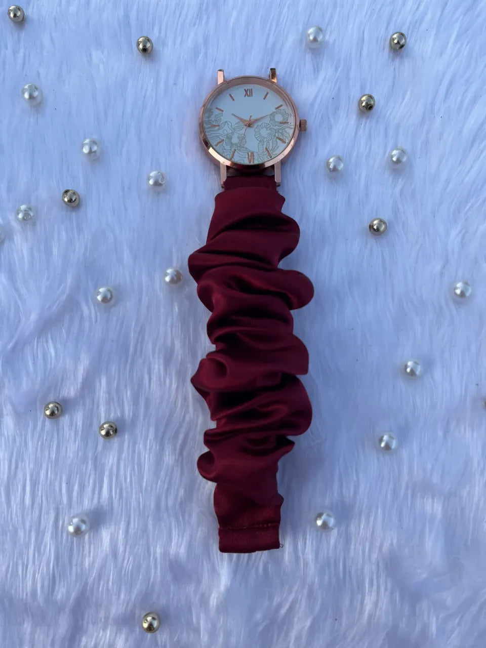 Unique Rose Gold White Scrunchies Watch (Brownish Crimson)
