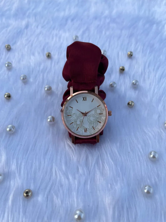 Unique Rose Gold White Scrunchies Watch (Brownish Crimson)