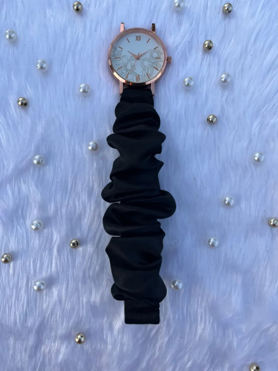 Unique Rose Gold White Scrunchies Watch (Cadet Black)