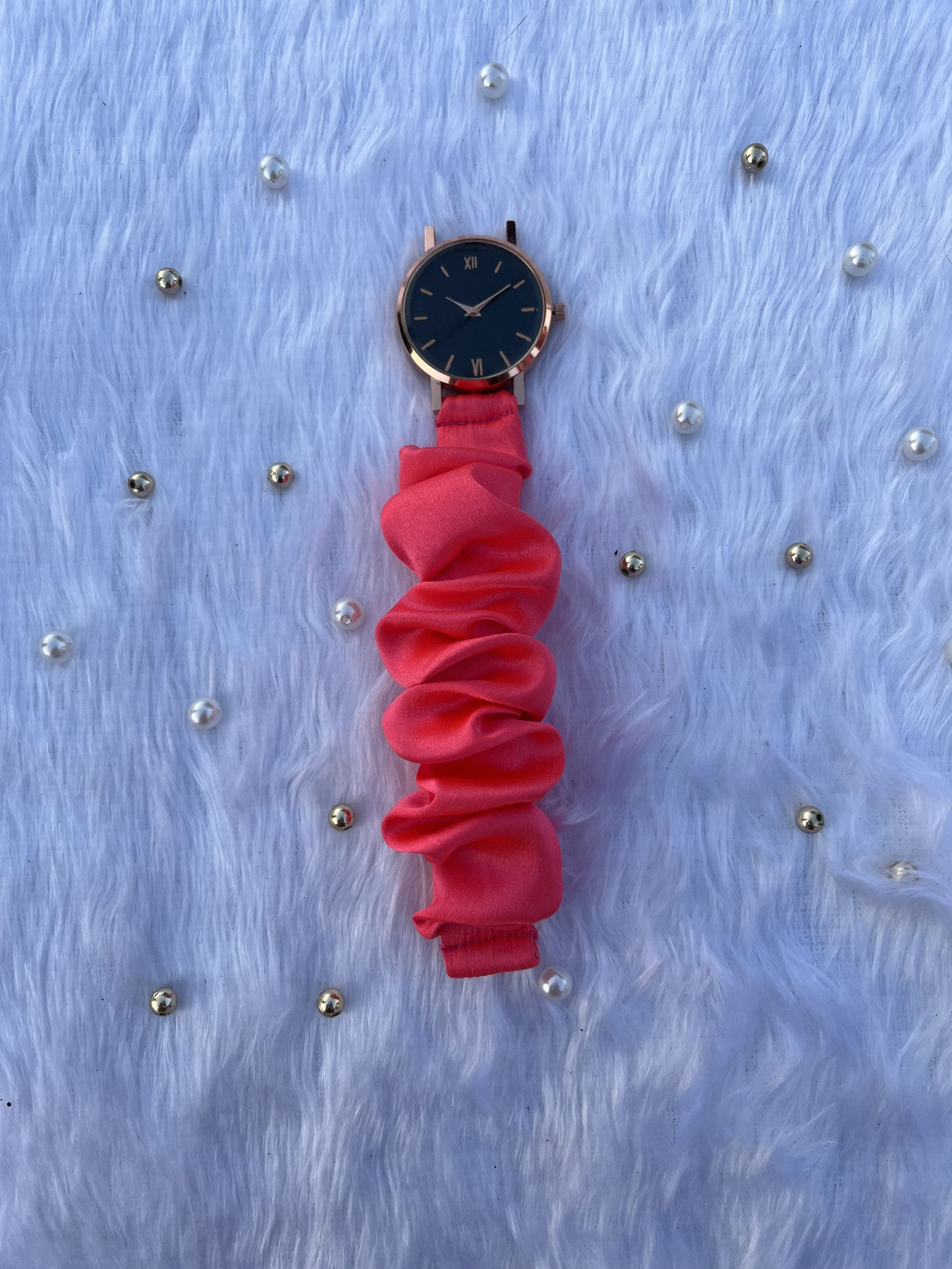 Unique Rose Gold Black Scrunchies Watch (Strawberry Pink)