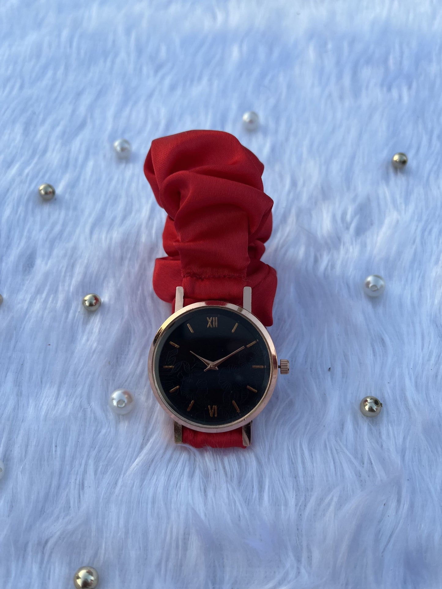 Unique Rose Gold Black Scrunchies Watch (Ruby Red)