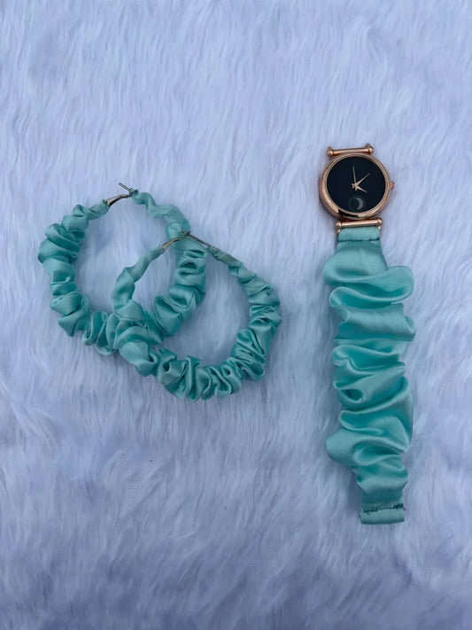 Combo Of Moon Style Scrunchies Watch + Earrings (Adriatic Mist Blue)