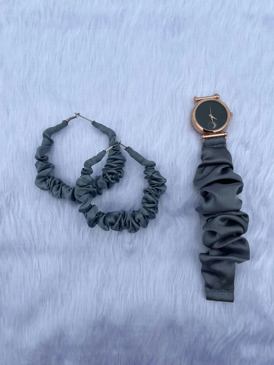 Combo Of Moon Style Scrunchies Watch + Earrings (Cloud Grey)