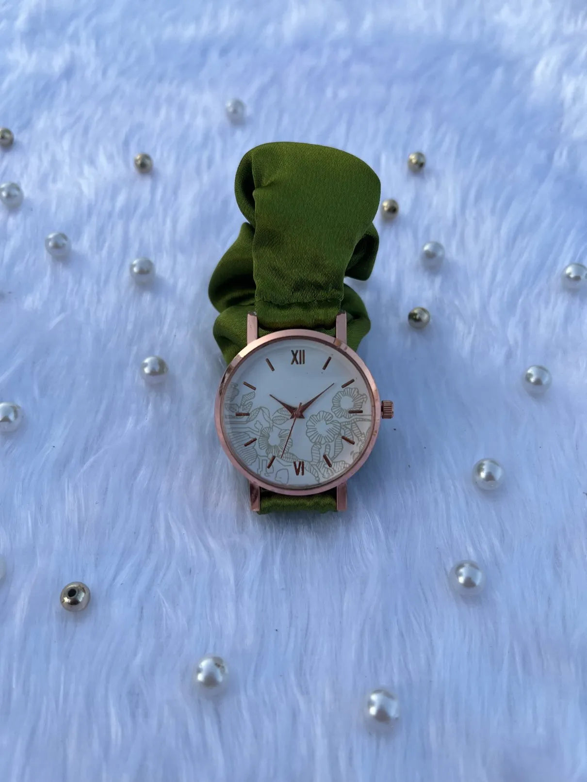 Unique Rose Gold White Scrunchies Watch (Olive Green)