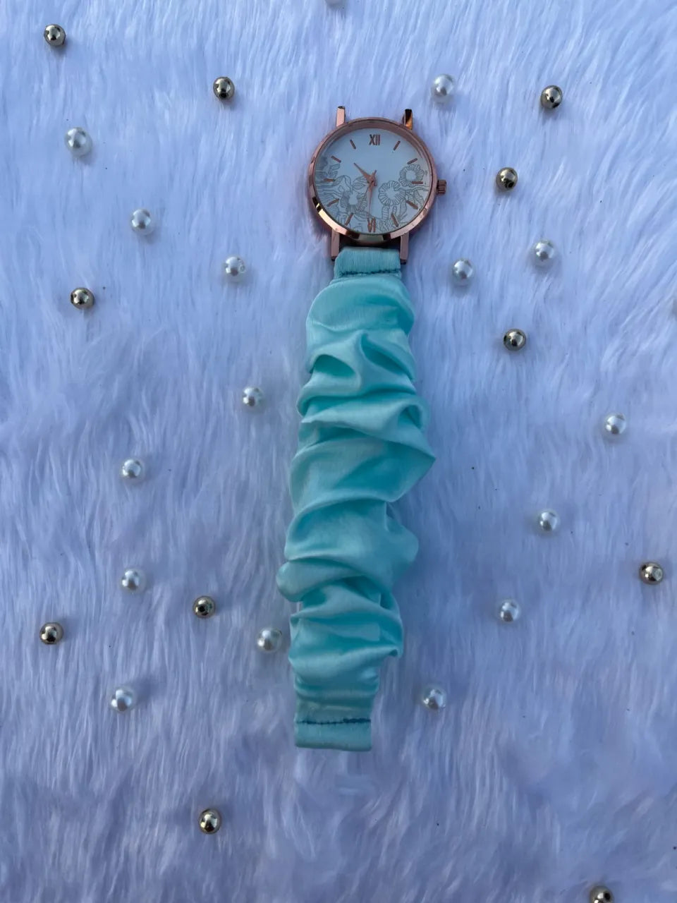 Unique Rose Gold White Scrunchies Watch (Adriatic Mist Blue)