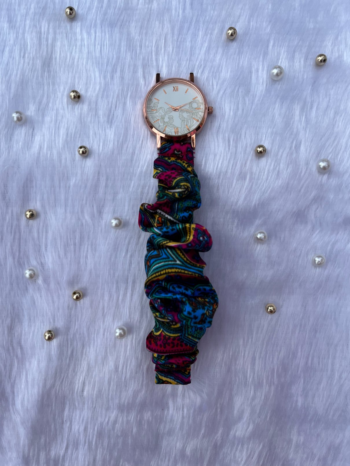 Printed Straps Rose Gold White Scrunchies Watch (Paisley)