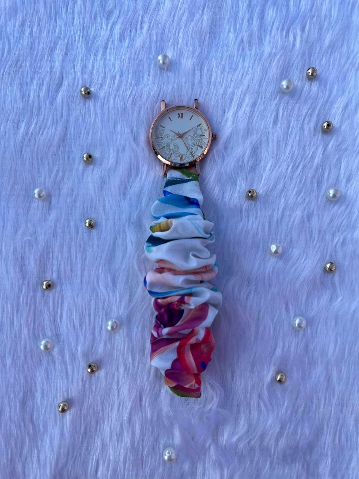 Printed Straps Rose Gold White Scrunchies Watch (Leafy)