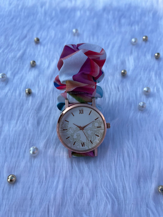 Printed Straps Rose Gold White Scrunchies Watch (Leafy)