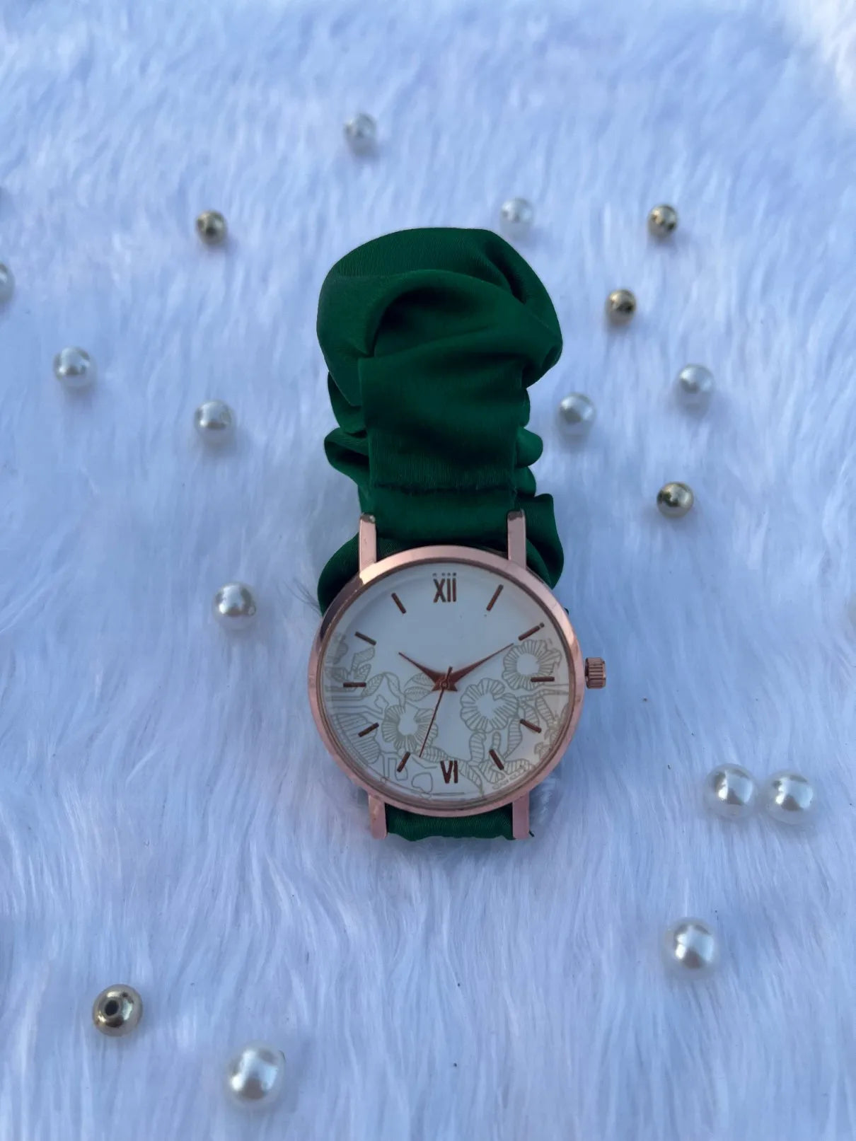 Unique Rose Gold White Scrunchies Watch (Dark Green)