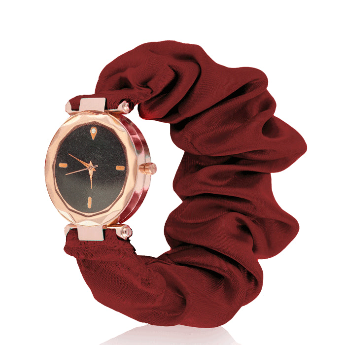 Diamond Style Golden Scrunchies Watch (Brownish Crimson)
