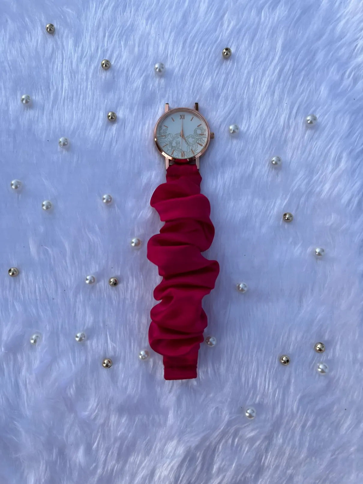 Unique Rose Gold White Scrunchies Watch (Hot Pink)