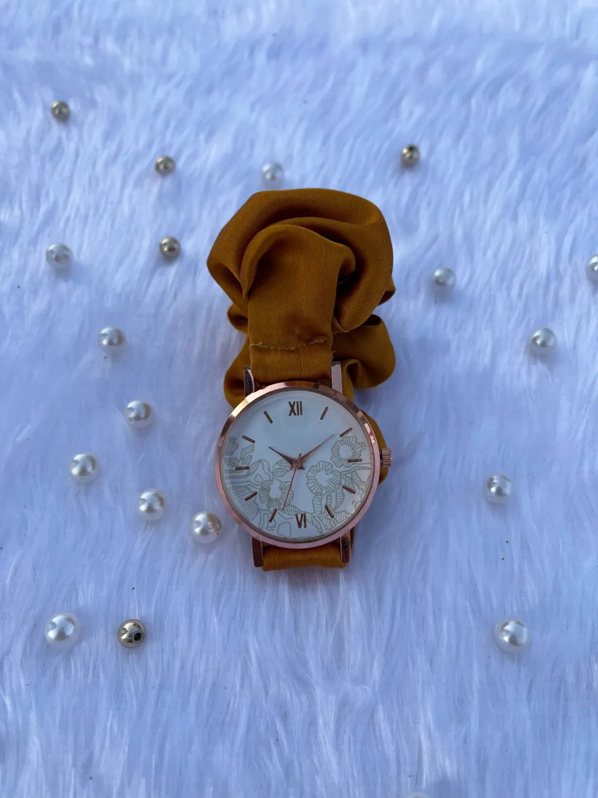 Unique Rose Gold White Scrunchies Watch (Mustard Yellow)