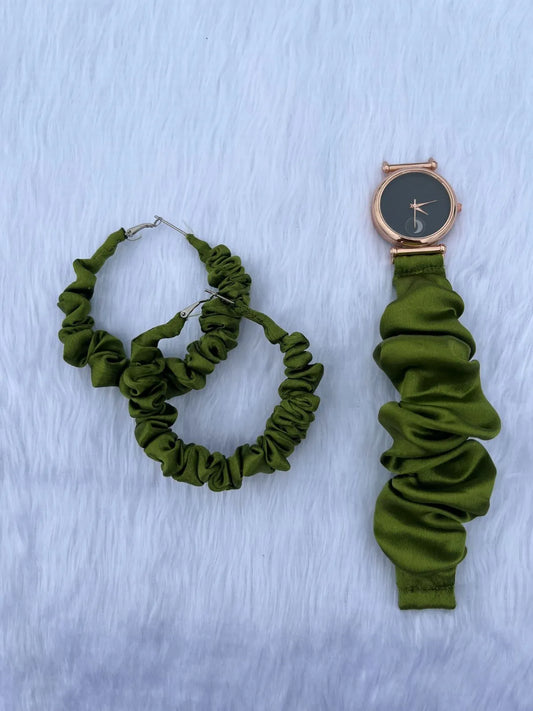Combo Of Moon Style Scrunchies Watch + Earrings (Olive Green)