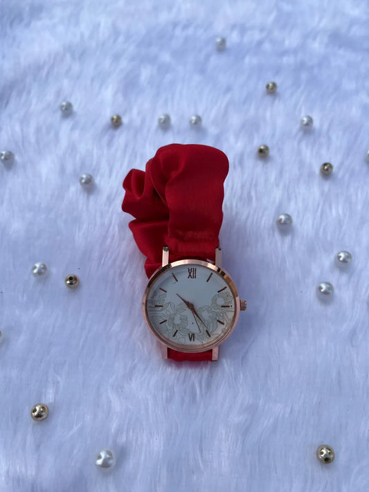 Unique Rose Gold White Scrunchies Watch (Ruby Red)