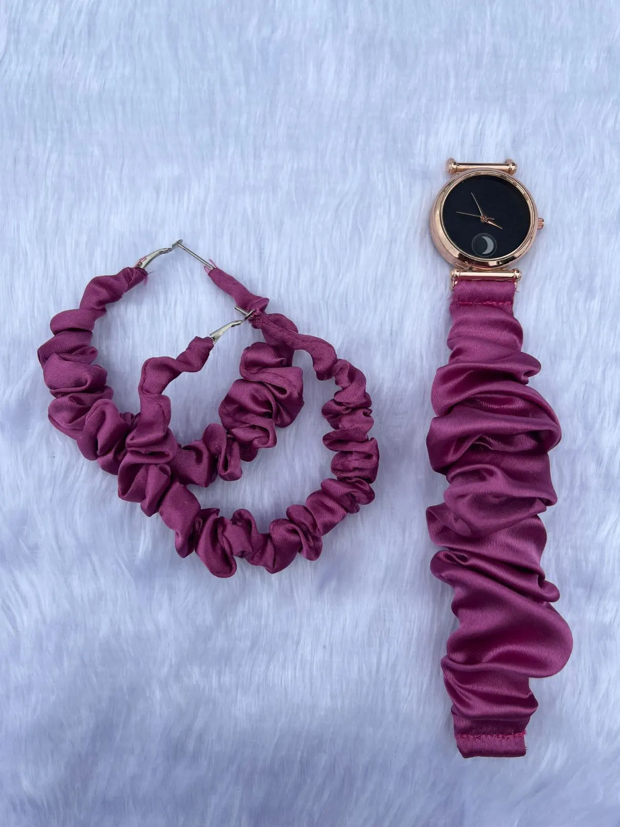 Combo Of Moon Style Scrunchies Watch + Earrings (Soft Pink)