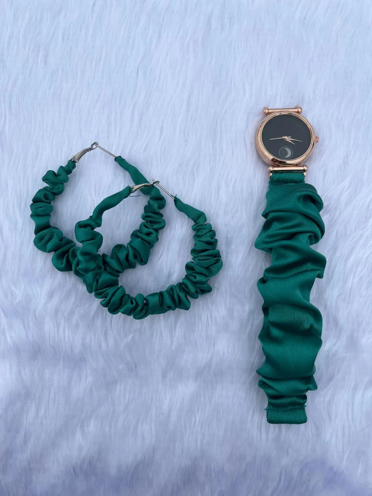 Combo Of Moon Style Scrunchies Watch + Earrings (Turquoise Green)