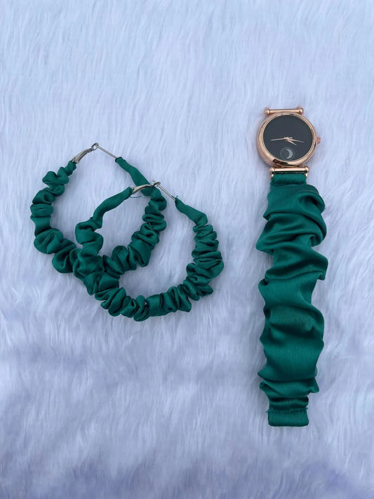 Combo Of Moon Style Scrunchies Watch + Earrings (Turquoise Green)