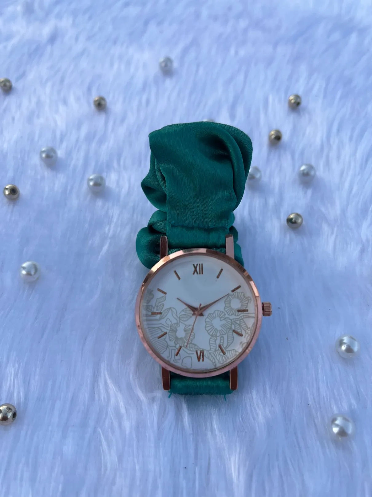 Unique Rose Gold White Scrunchies Watch (Turquoise Green)